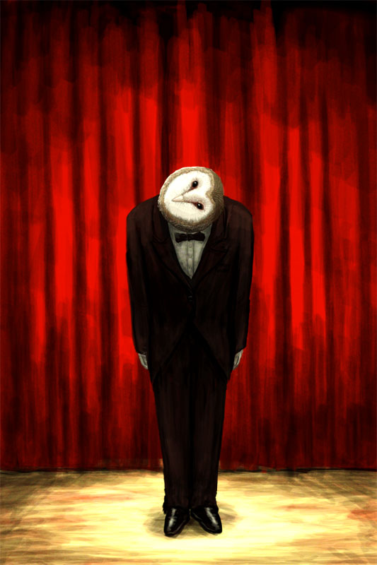 1boy barn_owl bird bowing bowtie formal guru head_tilt original owl solo stage suit surreal traditional_media