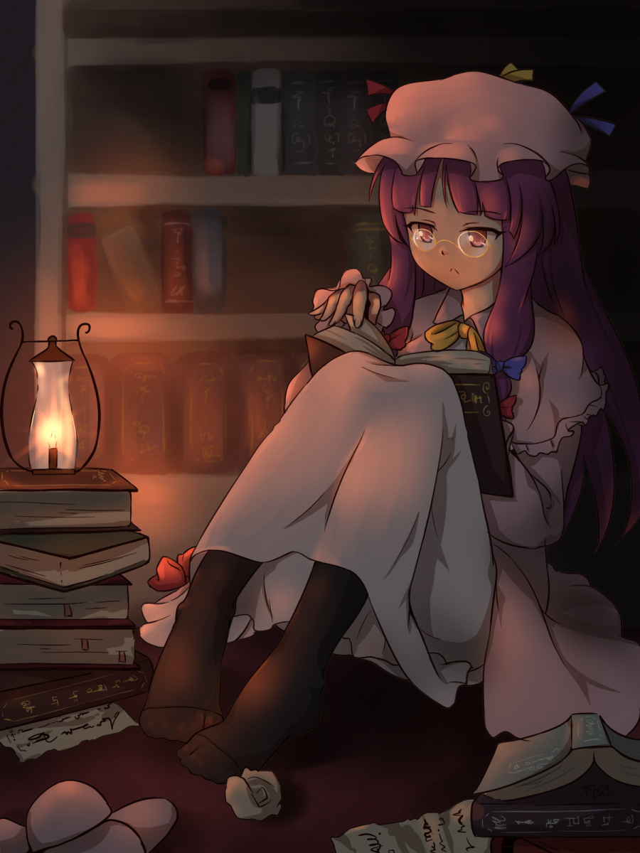 1girl bangs black_legwear blunt_bangs book candle crumpled_paper dress frilled_dress frills glasses hair_ribbon hat highres kakileaf knees_together_feet_together lamp long_hair pajamas pantyhose patchouli_knowledge pince-nez purple_hair reading ribbon sitting slippers solo touhou violet_eyes