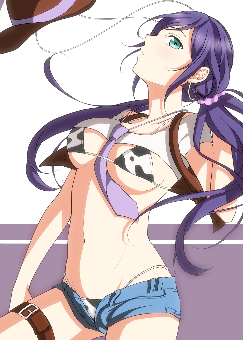 1girl breasts cow_print cowboy_hat earrings green_eyes hat highres jewelry long_hair love_live!_school_idol_project necktie parted_lips purple_hair shorts solo string_bikini toujou_nozomi twintails western