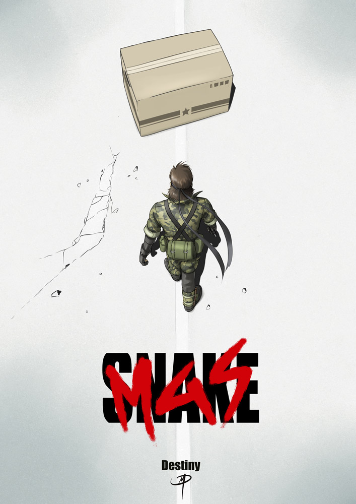 akira belt_pouch big_boss box brown_hair cardboard_box combat_boots commentary daniel_macgregor fanny_pack from_behind gloves headband metal_gear_(series) military military_uniform mullet parody solo uniform
