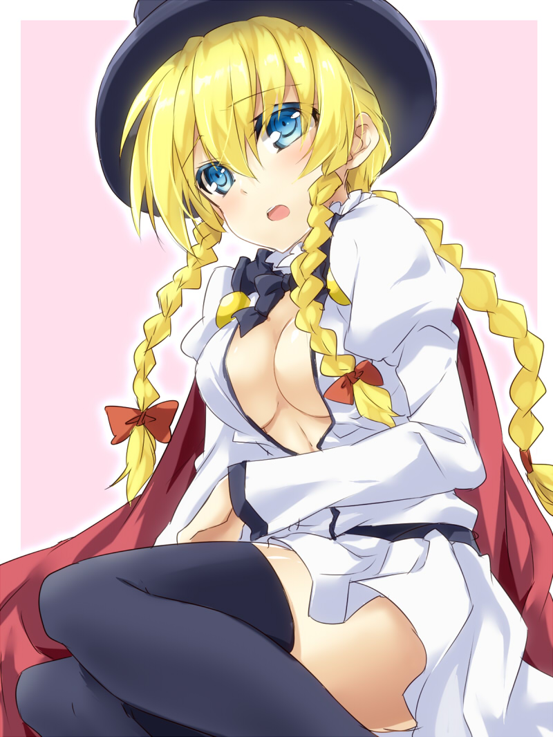 1girl black_legwear blue_eyes blush braid breasts cape cleavage hat kenzen_robo_daimidaler long_hair maruki_(punchiki) open_clothes open_mouth rikantsu_seabury solo thigh-highs