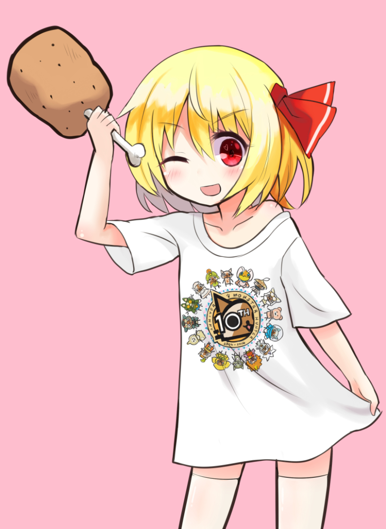 1girl alternate_costume blonde_hair blush boned_meat eluthel food hair_ribbon looking_at_viewer meat monster_hunter one_eye_closed open_mouth red_eyes ribbon rumia short_hair simple_background smile solo thigh-highs touhou white_legwear