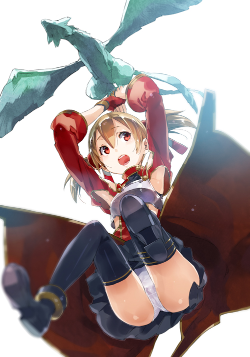 1girl armpits blurry brown_hair chest_plate depth_of_field detached_sleeves dragon fingerless_gloves from_below gloves hair_ornament panties pantyshot pina_(sao) red_eyes red_gloves silica solo sword_art_online tagme twintails underwear yuugen