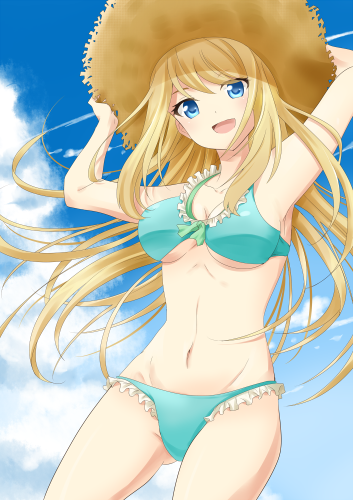 1girl aqua_bikini arms_up bikini blonde_hair blue_eyes breasts chloe_lemaire clouds girlfriend_(kari) hat holding holding_hat long_hair looking_at_viewer navel open_mouth rumia_(compacthuman) sky solo stomach swimsuit