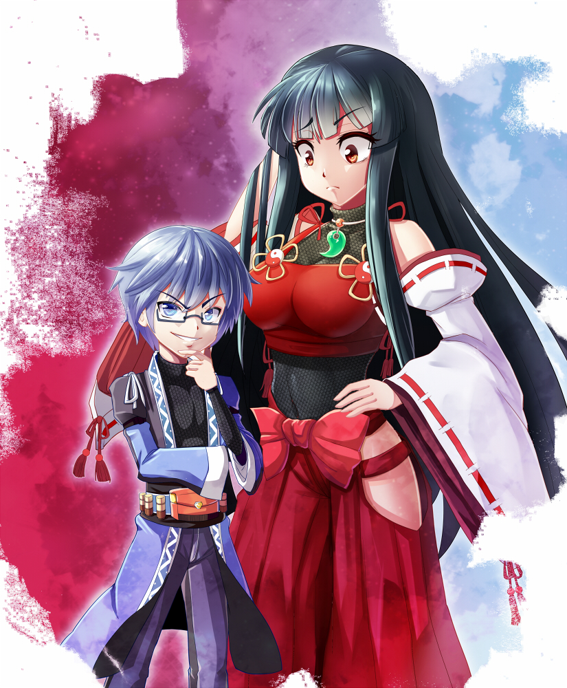 1boy 1girl age_difference bare_shoulders black_hair blue_eyes breasts brown_eyes chin_stroking detached_sleeves glasses grin hakama height_difference japanese_clothes large_breasts leotard long_hair m.u.g.e.n magatama morichika_rinnosuke nontraditional_miko original payot rumirumi semi-rimless_glasses sendai_hakurei_no_miko silver_hair smile touhou under-rim_glasses wide_sleeves younger