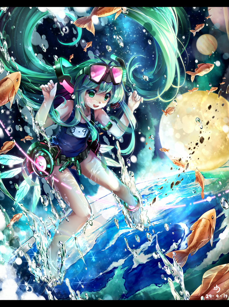 1girl :d bubble dated earth fish goggles goggles_on_head green_eyes green_hair hatsune_miku long_hair moon ninjinshiru open_mouth planet school_swimsuit smile solo swimsuit tagme vocaloid water