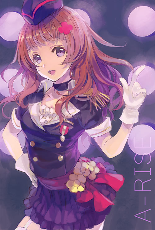 :d ame_yamori brown_hair choker epaulettes garrison_cap gloves hair_ornament hand_on_hip hat index_finger_raised love_live!_school_idol_project open_mouth shocking_party smile violet_eyes white_gloves yuuki_anju