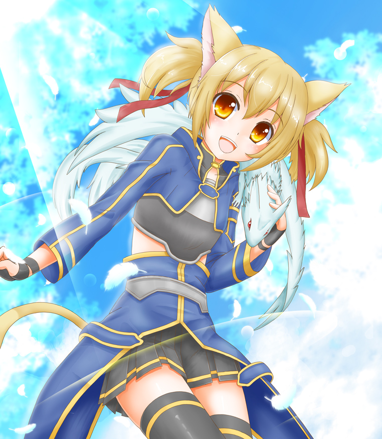 1girl :d animal_ears black_legwear blush breastplate brown_hair cat_ears cat_tail dragon feathers fingerless_gloves flipper gloves jacket long_sleeves open_mouth orange_eyes pina_(sao) red_eyes short_twintails silica silica_(sao-alo) skirt sky smile sunlight sword_art_online tail thigh-highs tree twintails wings