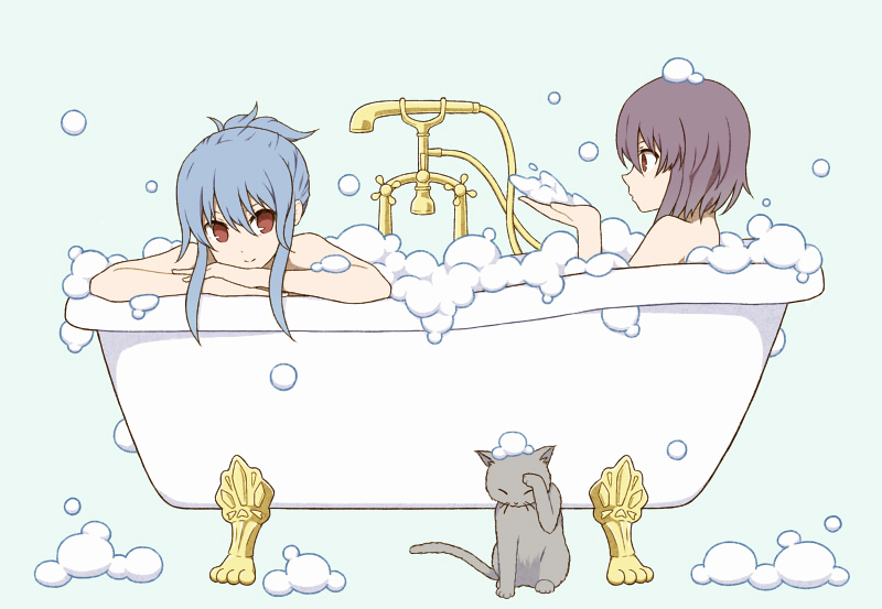 2girls alternate_hairstyle animal bath bathing bathtub blowing blue_hair bubble bubble_bath cat claw_foot_bathtub hinanawi_tenshi mozukusa multiple_girls nagae_iku pink_background purple_hair red_eyes shared_bathing shower_head sidelocks simple_background smile touhou updo