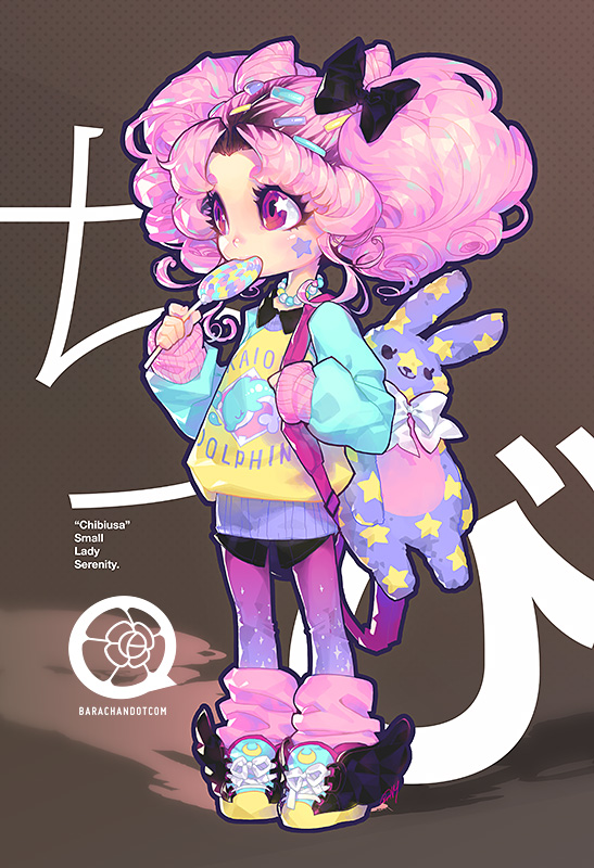 1girl bag barachan bishoujo_senshi_sailor_moon bow brown_background candy character_name chibi_usa dolphin double_bun eating hair_bow lollipop pantyhose pink_hair red_eyes shoes short_hair sneakers socks solo standing star sweater swirl_lollipop tattoo twintails