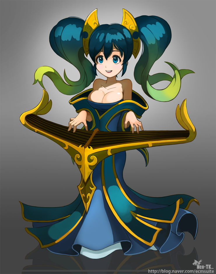1girl aqua_hair bare_shoulders breasts cleavage gradient_hair green_eyes green_hair hair_ornament instrument large_breasts league_of_legends long_dress long_hair multicolored_hair neo-tk.. off-shoulder_dress playing_instrument reflective_floor solo sona_buvelle twintails
