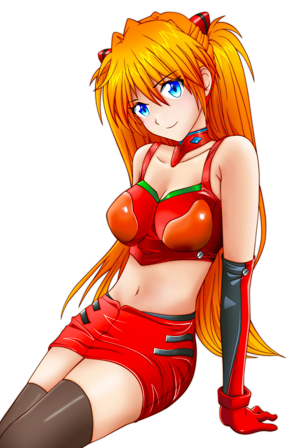 1girl alternate_costume arm_support blue_eyes brown_hair elbow_gloves eva_16-gouki evangelion:_3.0_you_can_(not)_redo gloves hair_ornament highres looking_at_viewer midriff navel neon_genesis_evangelion orange_hair plugsuit rebuild_of_evangelion shikinami_asuka_langley smile solo souryuu_asuka_langley thigh-highs