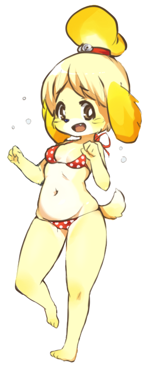 bell bikini blonde_hair bonyonyo brown_eyes dog doubutsu_no_mori fang shizue_(doubutsu_no_mori) smile swimsuit tail