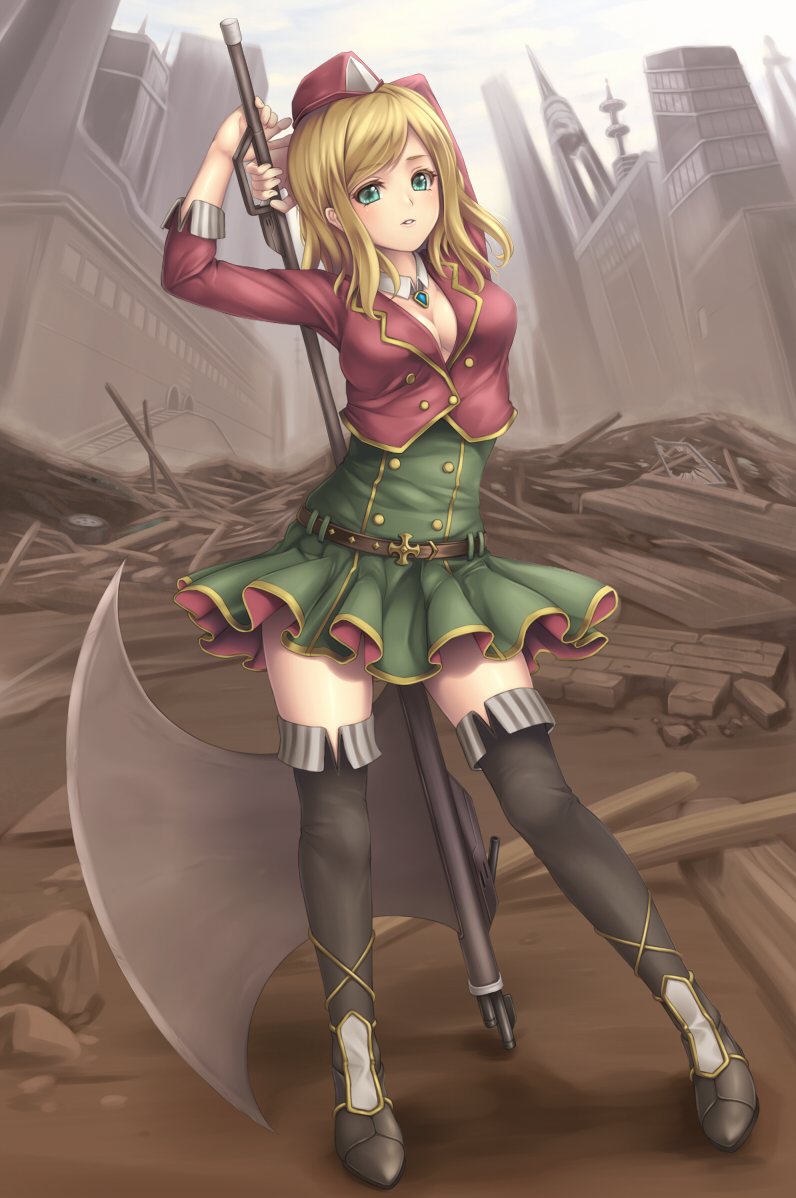 1girl arms_behind_head axe belt blonde_hair boots breasts cleavage green_eyes hat huge_weapon original ruins sand-rain sasaame skirt solo tagme thigh-highs thigh_boots weapon zettai_ryouiki