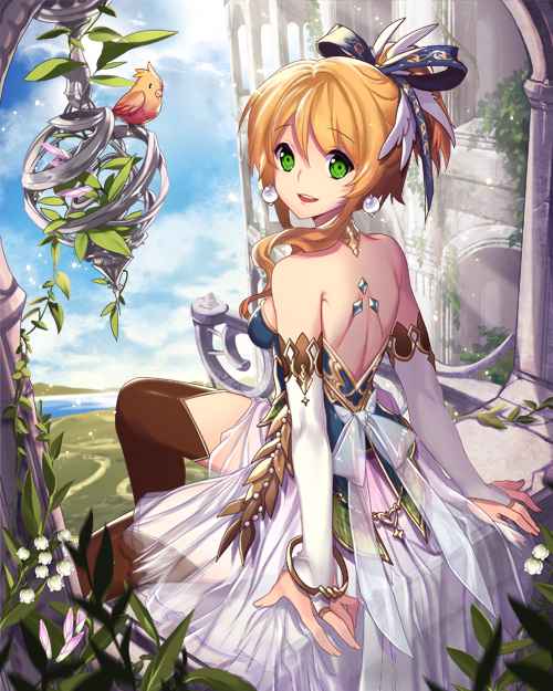 1girl architecture arm_support arms_at_sides bow bridal_gauntlets brown_legwear earrings elbow_gloves empew fingerless_gloves gloves green_eyes hair_bow hair_up jewelry landscape lipstick looking_at_viewer looking_back makeup off_shoulder orange_hair original see-through short_ponytail sitting sky smile tenkuu_no_crystalia thigh-highs