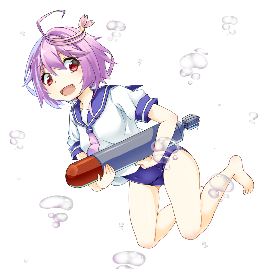 1girl :d ahoge bubble carrying_under_arm fang hair_ornament i-58_(kantai_collection) kantai_collection looking_at_viewer neckerchief open_mouth purple_hair red_eyes sailor_collar school_swimsuit school_uniform serafuku short_hair smile solo swimsuit swimsuit_under_clothes tonbo_(11023) torpedo white_background
