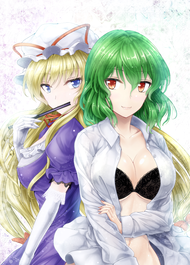 2girls black_bra blonde_hair bra breasts bust closed_fan collarbone collared_shirt covering_mouth dress elbow_gloves fan folding_fan gloves green_hair hat hat_ribbon kazami_yuuka lace_bra large_breasts long_hair looking_at_viewer looking_to_the_side mob_cap multiple_girls navel open_clothes open_shirt puffy_short_sleeves puffy_sleeves purple_dress red_eyes ribbon shirt short_sleeves touhou underwear very_long_hair violet_eyes wavy_hair white_gloves white_shirt y2 yakumo_yukari