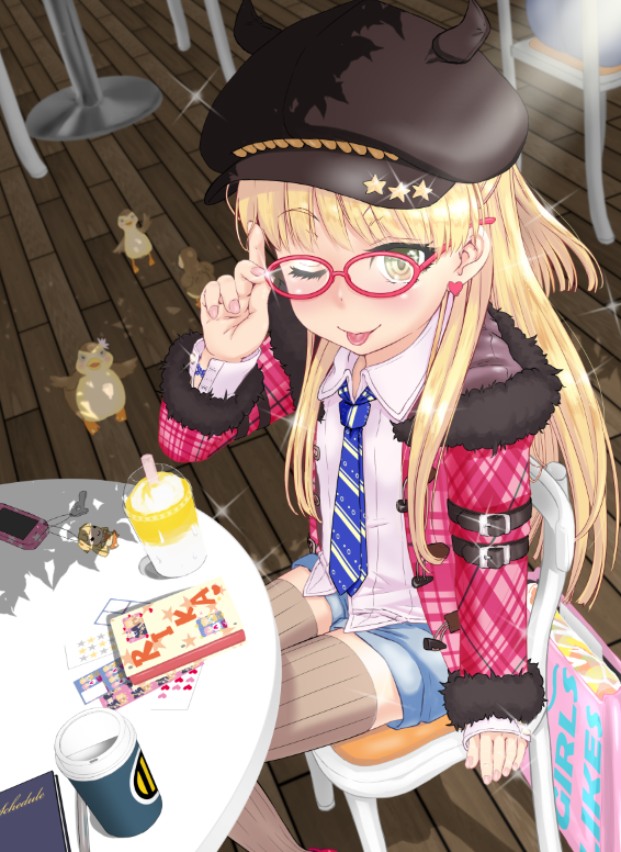 1girl ;p bespectacled bird blush brown_legwear cabbie_hat cellphone coffee_cup cup duck earrings from_above fur_trim glasses hat idolmaster idolmaster_cinderella_girls jewelry jougasaki_rika long_hair looking_at_viewer nail_polish necktie one_eye_closed phone pink-framed_glasses shorts sitting solo striped striped_legwear suzuya_wataru thigh-highs tongue tongue_out vertical-striped_legwear vertical_stripes