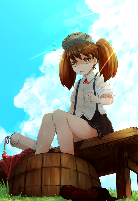 1girl blue_sky brown_hair brown_skirt comah hot kantai_collection knees_together_feet_apart magatama ryuujou_(kantai_collection) shirt shoes_removed sitting skirt sky sleeves_rolled_up solo sun suspenders sweat twintails visor_cap white_shirt wooden_bucket