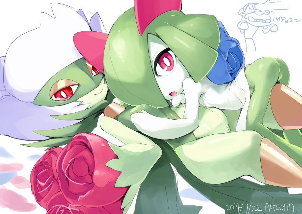 :o ario artist_name ass bouquet breast_press choker dated flower genesect hand_on_another's_chest horns jpeg_artifacts kirlia lying no_humans on_back open_mouth petals pink_eyes pokemon red_eyes red_rose rose roserade simple_background small_breasts smile text white_background