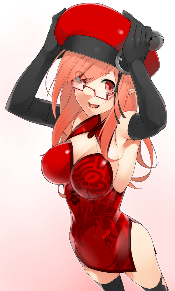 1girl bare_shoulders china_dress chinese_clothes cleavage_cutout elbow_gloves female glasses gloves hat kochiya_(gothope) phantasy_star phantasy_star_online_2 pointy_ears red_eyes redhead solo thigh-highs