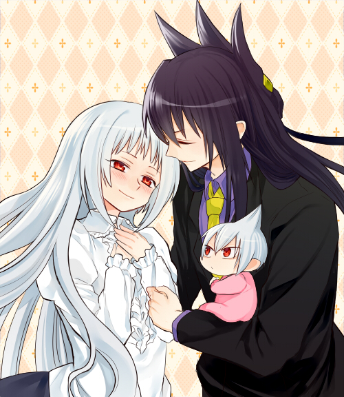 1girl 2boys baby black_hair couple family father_and_son formal herorororon hetero husband_and_wife incipient_kiss iron_maiden_jeanne long_hair mother_and_son multiple_boys red_eyes shaman_king silver_hair suit tao_men tao_ren