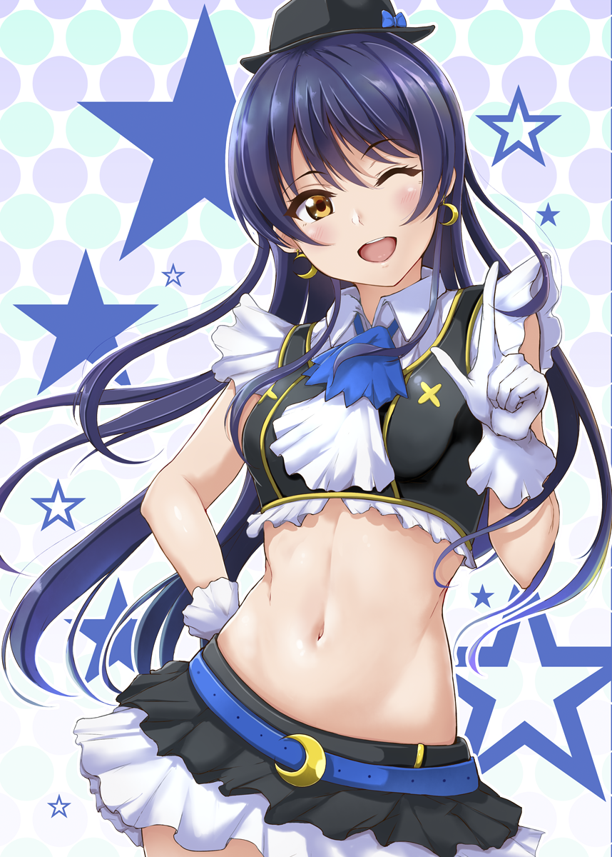 1girl bangs blue_hair blush ca_ba_ya_ki commentary_request crop_top earrings eyebrows_visible_through_hair gloves hat highres jewelry long_hair looking_at_viewer love_live! love_live!_school_idol_project midriff navel no_brand_girls one_eye_closed open_mouth pointing pointing_up smile solo sonoda_umi stomach white_gloves