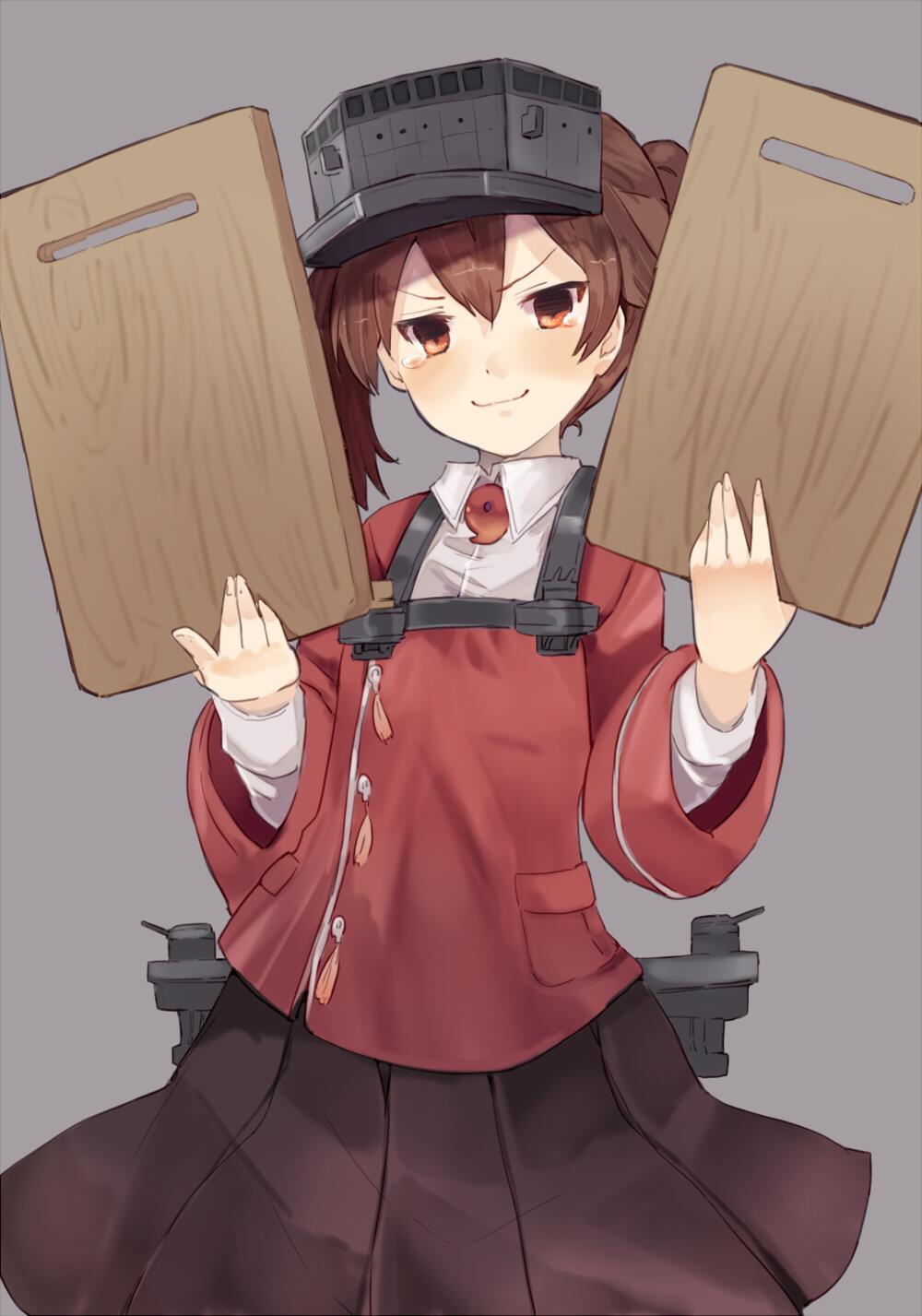 1girl brown_eyes brown_hair crying crying_with_eyes_open cutting_board highres kantai_collection long_hair looking_at_viewer pleated_skirt ryuujou_(kantai_collection) skirt solo sumisu_(mondo) tears twintails visor_cap