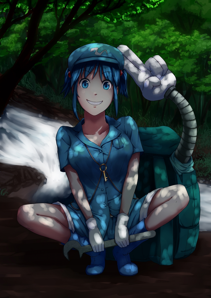 1girl :d backpack bag blue_eyes blue_hair boots breasts collarbone forest grin hat highres huntertakumi kawashiro_nitori large_breasts mechanic mechanical_arm nature open_mouth outdoors plant pocket river rock rubber_boots salute short_hair short_sleeves short_twintails smile solo squatting touhou tree twintails wrench