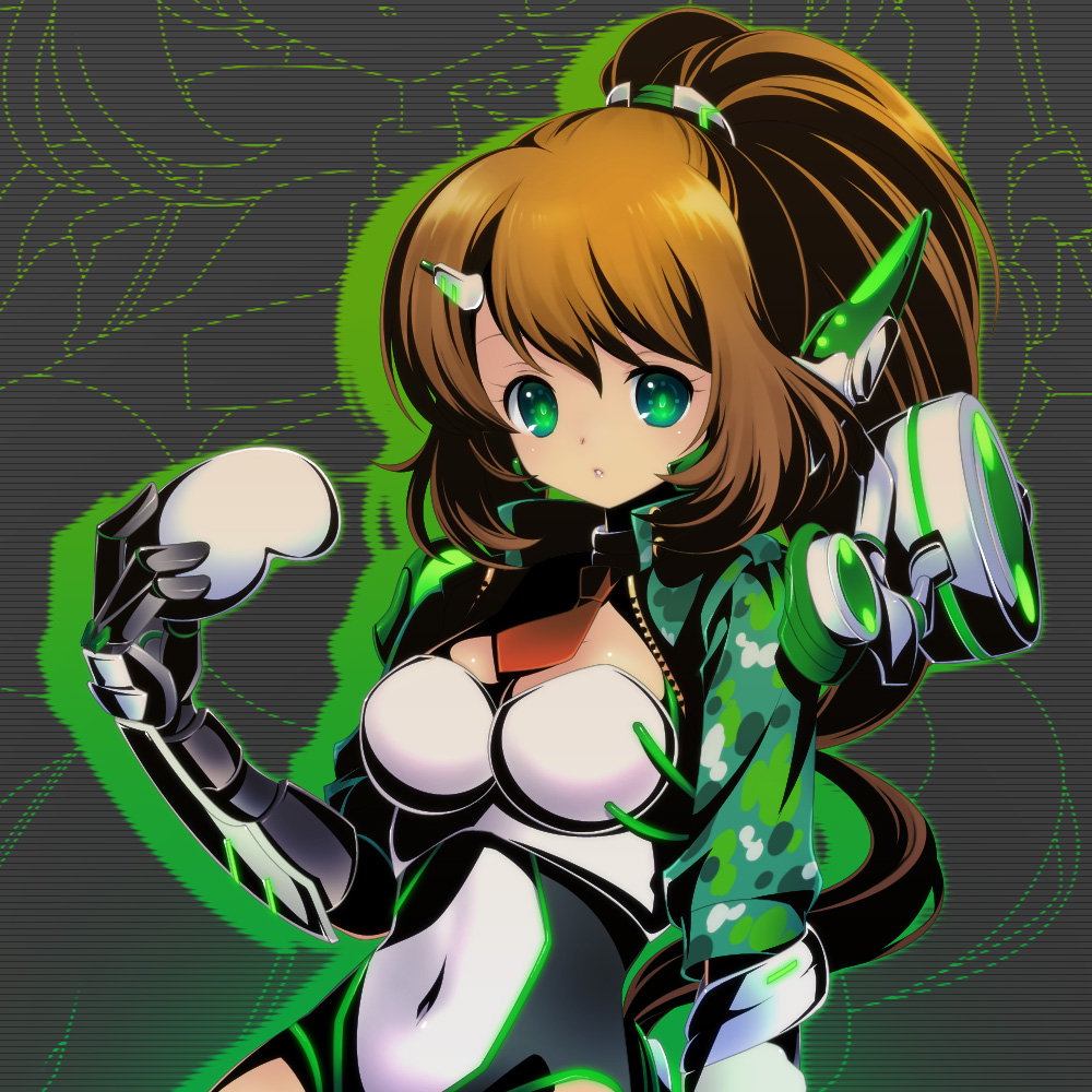 1girl black_gloves breasts brown_hair cleavage covered_navel divine_gate gauntlets glasses glasses_removed gloves green_eyes green_jacket hair_ornament hairclip jacket jewelry leotard long_hair looking_at_viewer maikaze_kagura mecha_musume nano00 neck_ring necktie open_mouth ponytail solo