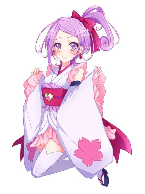 1girl anmitsu_komachi bow color_connection cosplay cure_fortune cure_fortune_(cosplay) cure_sword curly_hair detached_sleeves dokidoki!_precure earrings frills hair_bow happinesscharge_precure! hinama_amu japanese_clothes jewelry jumping kenzaki_makoto magical_girl precure purple_hair sandals short_hair side_ponytail skirt smile solo thigh-highs violet_eyes white_background white_legwear