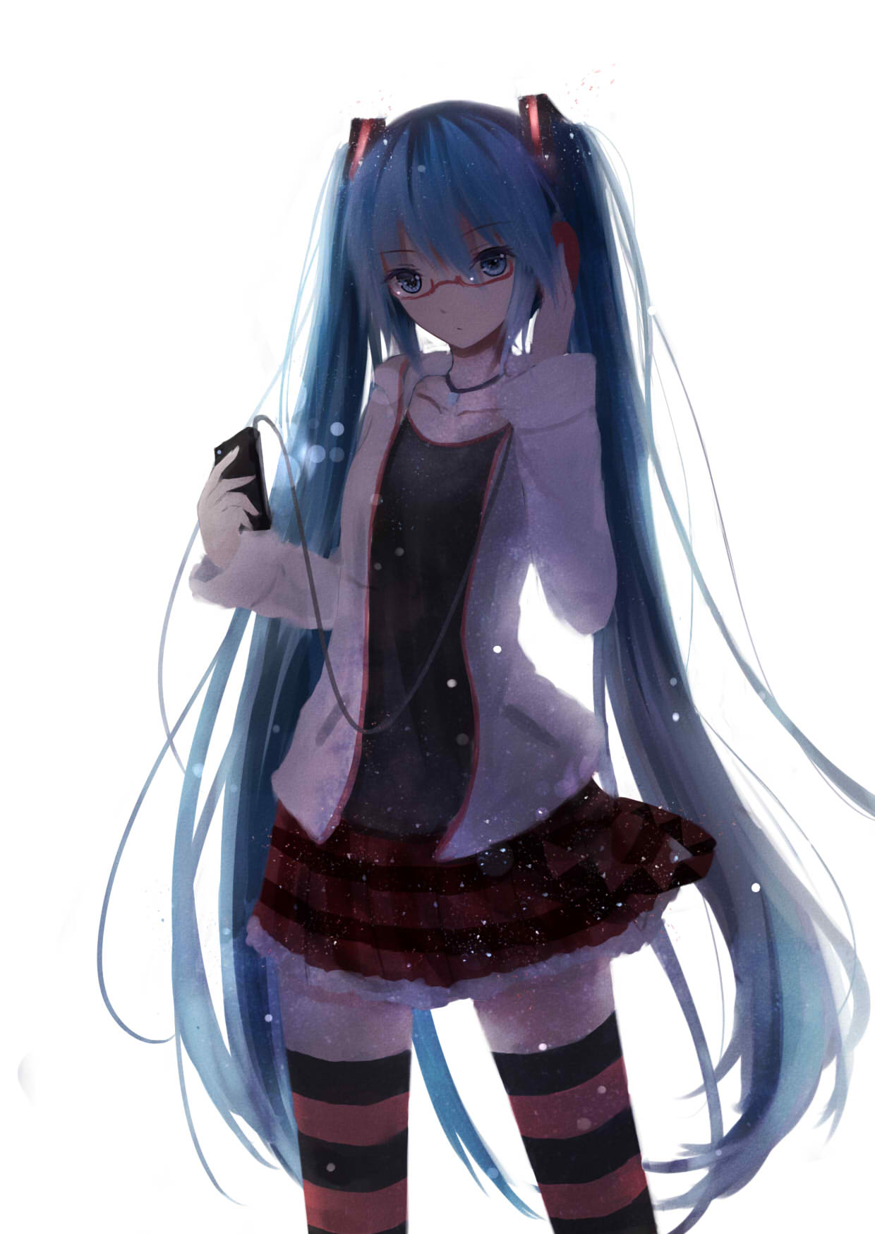 1girl blue_eyes blue_hair digital_media_player glasses hatsune_miku headphones highres jewelry kocchi_muite_baby_(vocaloid) long_hair necklace project_diva project_diva_2nd shy_(953416992) skirt solo striped striped_legwear thighhighs twintails very_long_hair vocaloid white_background
