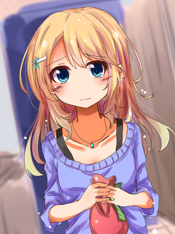 1girl 3: ayase_arisa blonde_hair blue_eyes casual collarbone hair_ornament hairclip holding jewelry long_hair looking_at_viewer love_live!_school_idol_project necklace pouch sasahara_wakaba sketch solo tagme tears
