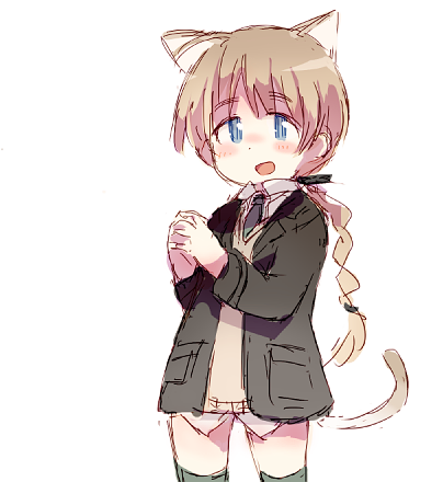 1girl :d ahoge animal_ears blue_eyes blush bottomless braid brown_hair cat_ears cat_tail collared_shirt eyebrows hands_clasped hashigo jacket long_hair long_sleeves lowres lynette_bishop necktie open_mouth pocket simple_background single_braid smile solo strike_witches sweater_vest tail thigh-highs vest white_background