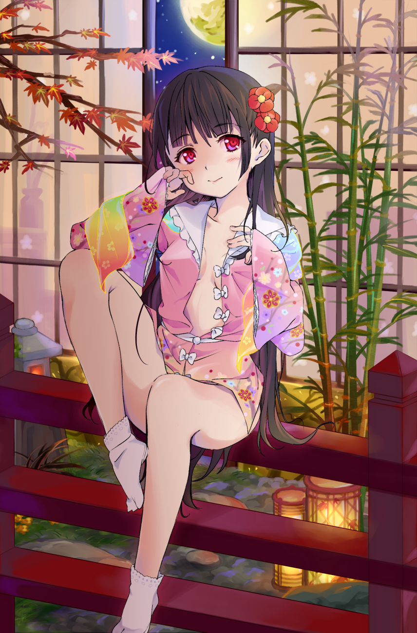 1girl bamboo black_hair bottomless breasts censored collarbone convenient_censoring dress floral_print flower hair_flower hair_ornament highres houraisan_kaguya lantern leg_up long_hair long_sleeves moon motiking naked_shirt night no_bra open_clothes open_dress open_shirt red_eyes sitting sky smile solo star_(sky) starry_sky touhou very_long_hair wide_sleeves