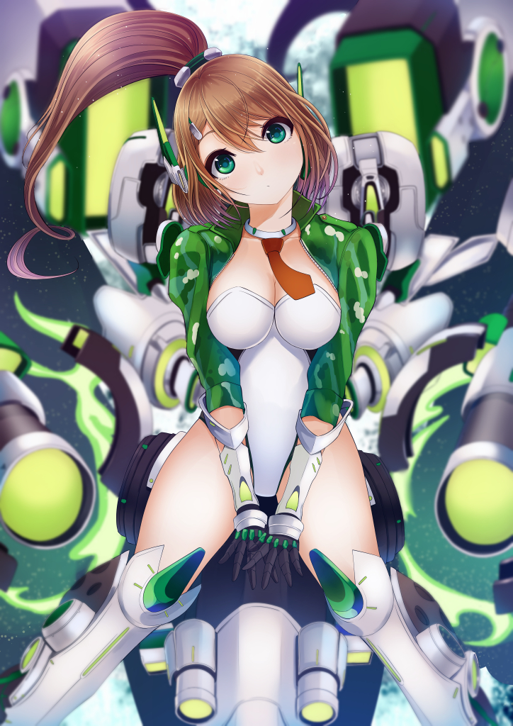 1girl black_gloves breasts brown_hair divine_gate gloves green_eyes head_tilt jacket kentaurosu leotard long_hair looking_at_viewer maikaze_kagura mecha_musume ponytail solo straddling