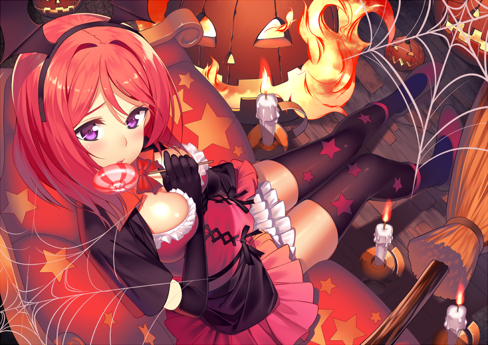 1girl black_gloves blush breasts broom candle candy cleavage elbow_gloves fake_wings gloves halloween head_wings hullabaloo jack-o'-lantern large_breasts lollipop looking_at_viewer love_live!_school_idol_project nishikino_maki redhead short_hair sitting solo spider_web star_print thigh-highs violet_eyes wings zettai_ryouiki