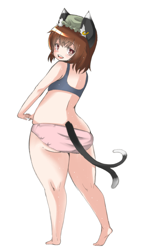 1girl :d animal_ears ass barefoot blush bra brown_eyes brown_hair cat_ears chen earrings from_behind huge_ass jewelry legs mob_cap multiple_tails naughty_face open_mouth panties pink_panties plump shinobe short_hair sketch smile solo tail thick_thighs thighs touhou two_tails underwear underwear_only