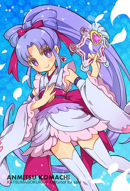 1girl alternate_form anmitsu_komachi blue_background blush bow cure_fortune detached_sleeves earrings fortune_tambourine frills hair_bow hair_bun happinesscharge_precure! hikawa_iona japanese_clothes jewelry katsuma_rei long_hair magical_girl no_nose ponytail precure purple_hair skirt smile solo thigh-highs violet_eyes white_legwear
