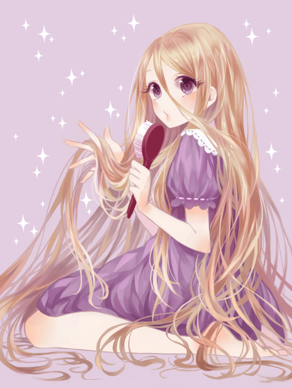 1girl barefoot blonde_hair brush dress koushi_rokushiro long_hair rapunzel_(disney) sitting solo tangled very_long_hair violet_eyes