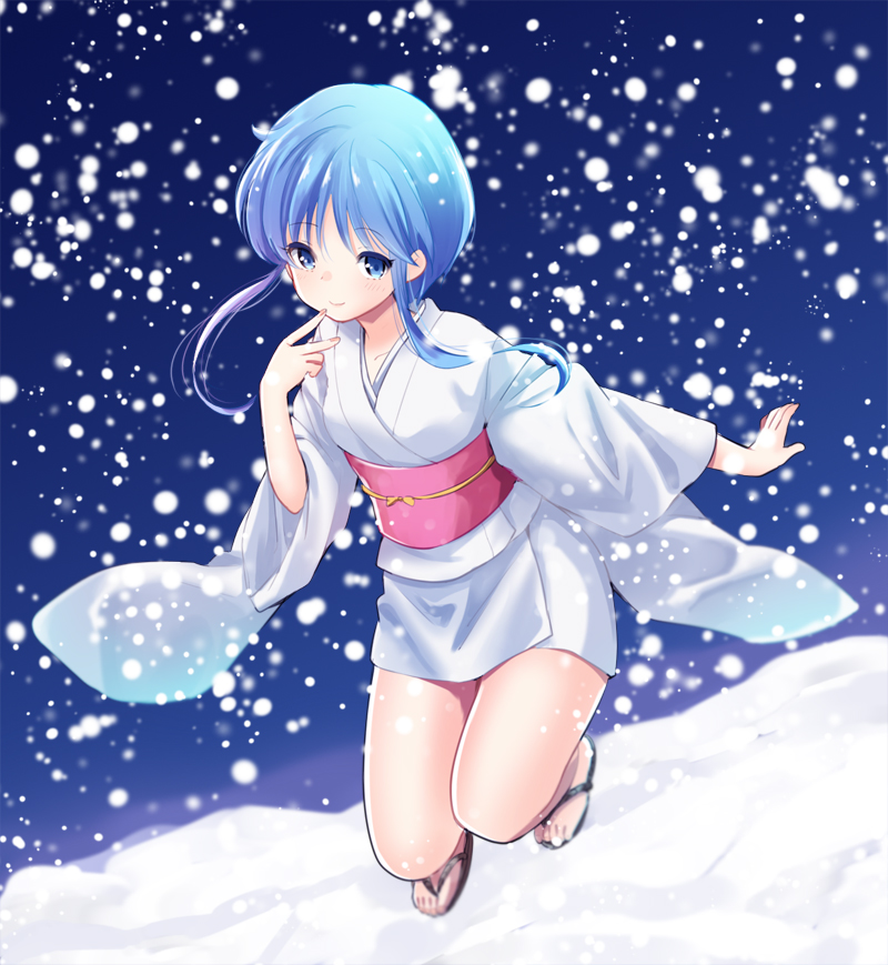 1girl blue_eyes blue_hair ica japanese_clothes jigoku_sensei_nube kimono payot sandals short_kimono smile snowing solo yukime