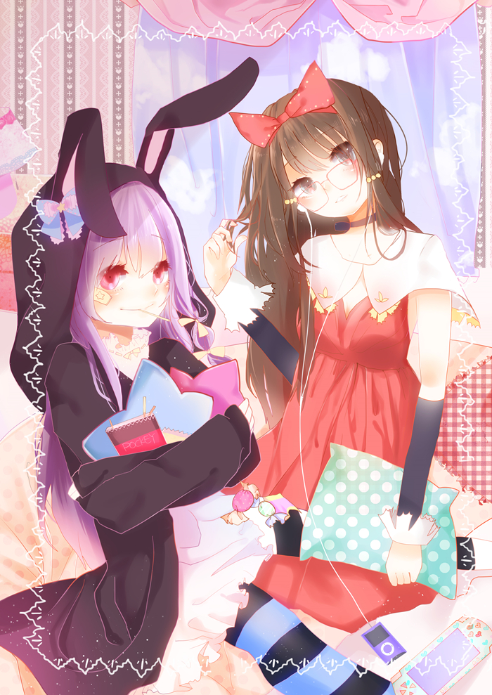 2girls bandage_on_face bandages bespectacled black_legwear blush brown_eyes candy cape digital_media_player dress earphones elbow_gloves game_console glasses gloves hair_ornament hair_ribbon hakurei_reimu heart holding_hair hooded_jacket hoodie ipod lace_(swindy) long_hair looking_at_viewer mouth_hold multiple_girls open_mouth pillow pocky red_eyes reisen_udongein_inaba ribbon skirt smile star striped striped_legwear sweets thigh-highs touhou very_long_hair walkman