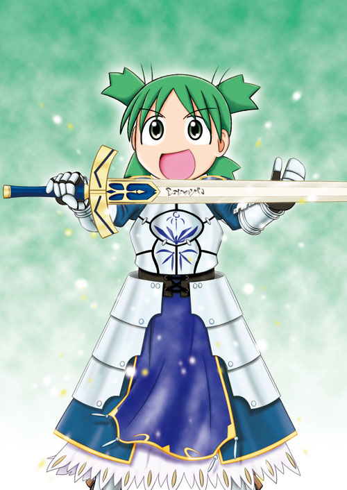 1girl armor cosplay excalibur fate/stay_night fate_(series) green_eyes green_hair koiwai_yotsuba parody quad_tails saber saber_(cosplay) solo yotsubato!