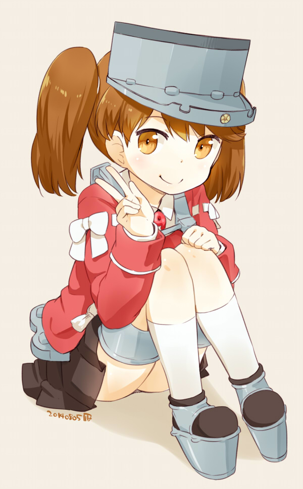 1girl brown_eyes brown_hair brown_skirt dated japanese_clothes kantai_collection kneehighs knees_on_chest knees_together_feet_apart looking_at_viewer magatama nagian pigeon-toed pleated_skirt ryuujou_(kantai_collection) skirt smile solo twintails v visor_cap white_legwear