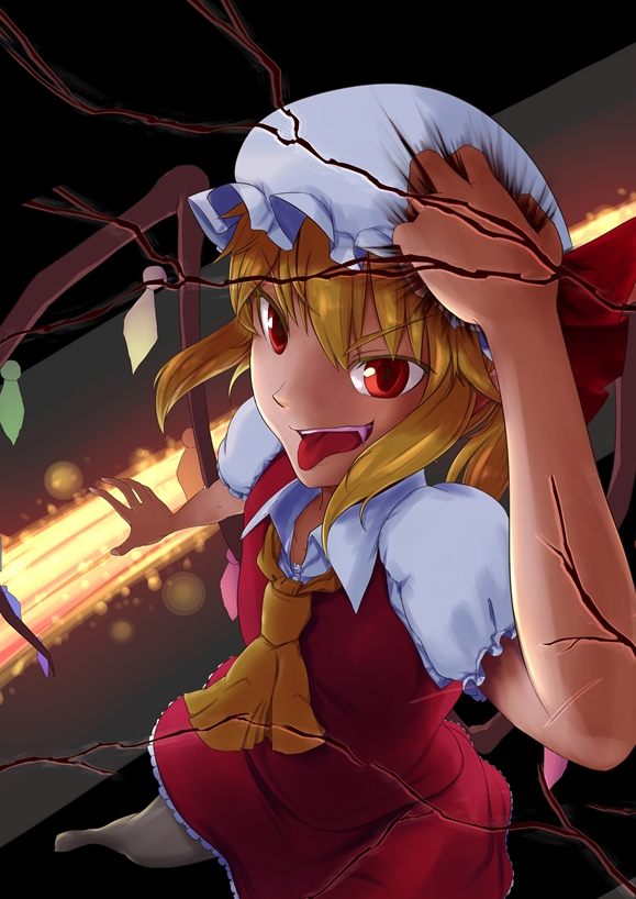 1girl arm_up ascot blonde_hair broken_glass clenched_hand collarbone crack dress eyelashes fang flandre_scarlet foreshortening fourth_wall glass hat hat_ribbon huntertakumi looking_at_viewer mob_cap no_shoes puffy_short_sleeves puffy_sleeves red_dress red_eyes ribbon shirt short_hair short_sleeves side_ponytail skirt skirt_set smile solo tongue tongue_out touhou vest white_legwear wings
