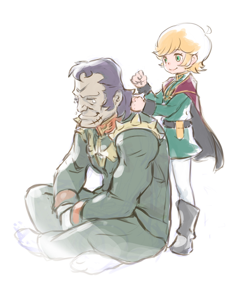 1boy 1girl blonde_hair cape closed_eyes dozle_zabi father_and_daughter green_eyes gundam massage military military_uniform mineva_lao_zabi mobile_suit_gundam muuten pantyhose purple_hair scar short_hair tears uniform