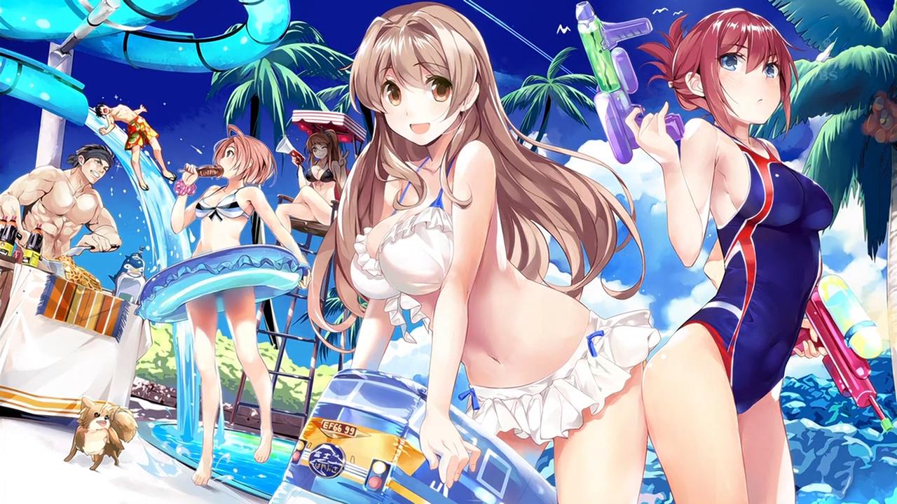 2boys 4girls bikini blue_eyes breasts brown_eyes clouds dog dual_wielding eating end_card folded_ponytail headband iida_nana innertube iwaizumi_shou jpeg_artifacts kashima_noa koumi_haruka large_breasts lifeguard_chair long_hair looking_at_viewer marushin_(denwa0214) megaphone multiple_boys multiple_girls muscle navel one-piece_swimsuit open_mouth pink_hair pool rail_wars! sakurai_aoi sasshou_mari short_hair sky swim_trunks swimsuit takayama_naoto water water_gun water_slide white_bikini white_swimsuit yakisoba