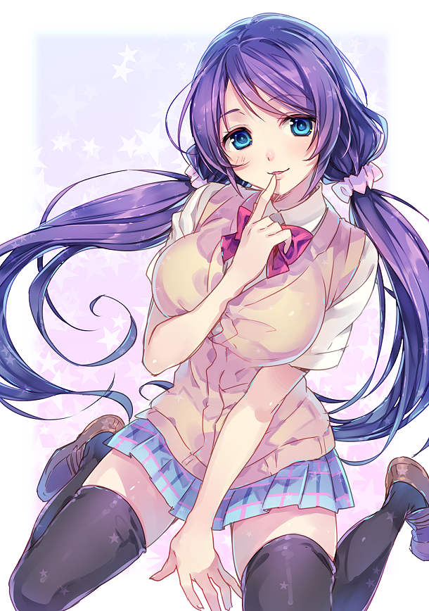 1girl black_legwear breasts cardigan_vest dated finger_to_mouth hair_ornament large_breasts loafers long_hair love_live!_school_idol_project low_twintails natsu_natsuna school_uniform scrunchie shoes solo thigh-highs toujou_nozomi twintails very_long_hair