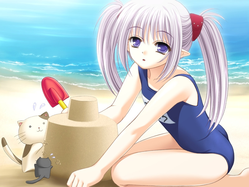 1girl beach cat female game_cg long_hair looking_at_viewer pointy_ears primula purple_eyes purple_hair sand sand_castle school_swimsuit shovel shuffle solo swimsuit twintails water