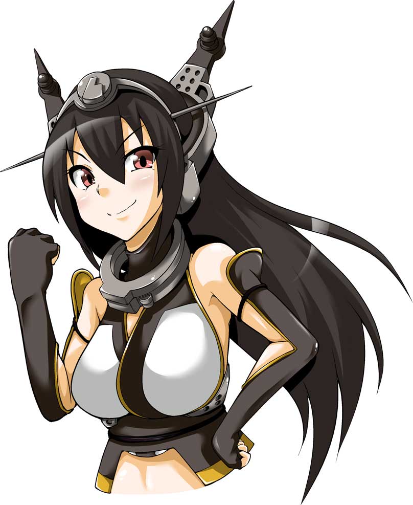 1girl black_hair breasts fingerless_gloves fist_pump gloves hairband hand_on_hip headgear jpeg_artifacts kantai_collection large_breasts long_hair looking_at_viewer nagato_(kantai_collection) red_eyes simple_background smile solo very_long_hair white_background yamato_nadeshiko